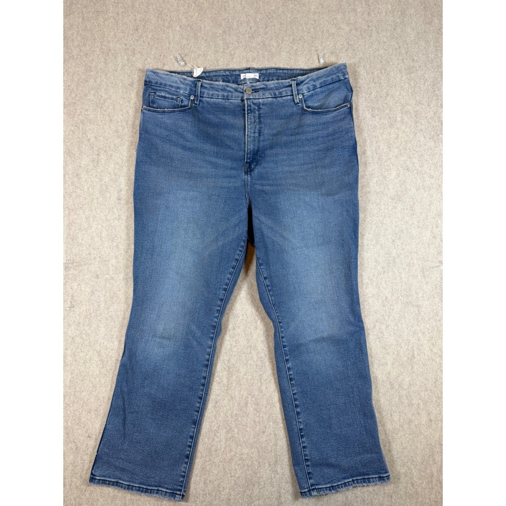 P77. Good American Good Legs Crop Mini Boot Size 18 Blue High Rise Raw Hem